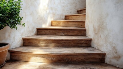 Naklejka premium Sunlight falls softly on the wooden steps, leading up