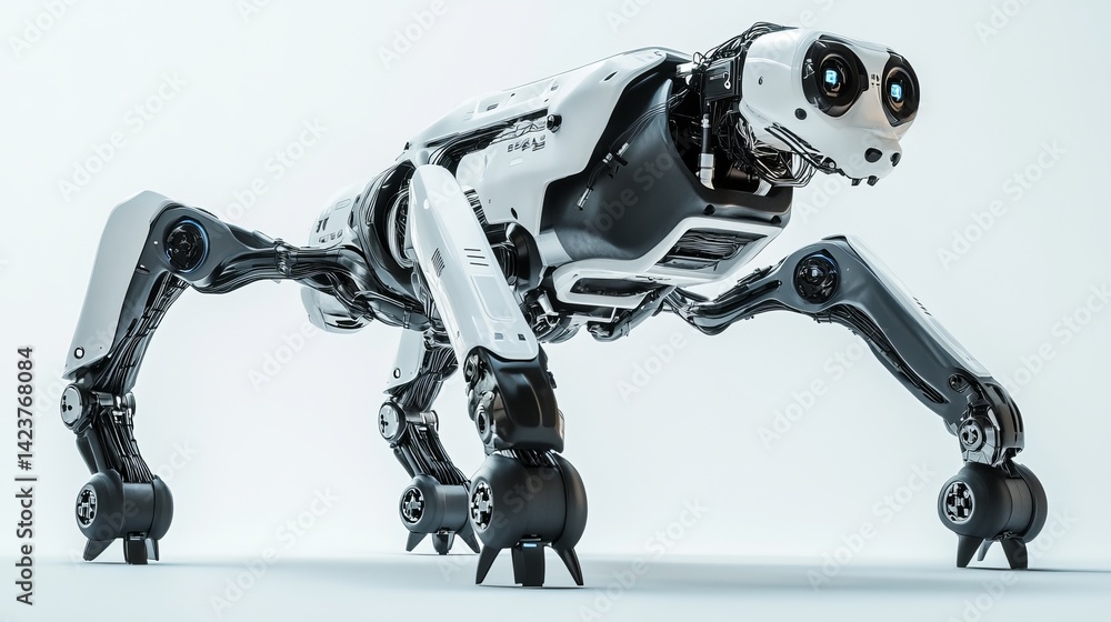 Poster advanced robotic dog futuristic technology mechanical canine design white black artificial intellige