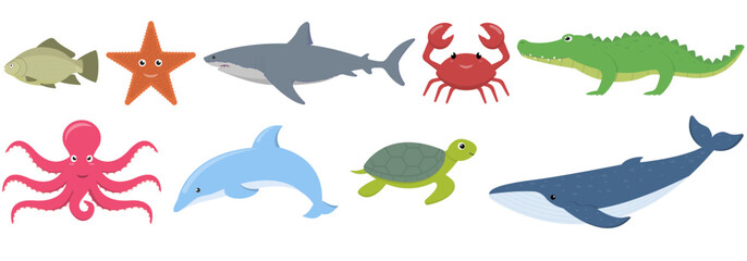 Set of Marine and Aquatic Creatures. An Engaging and Colorful Illustration Showcasing a Variety of Different Marine and Aquatic Creatures.