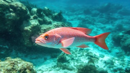 Naklejka premium Ruby Red Snapper Amidst Turquoise Depths: A Serene Underwater Glimpse