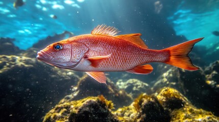Naklejka premium Scarlet Marine Life: Striking Crimson Snapper Gracefully Swimming in Blue Ocean