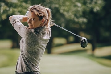 Golfer preparing for a swing on a sunlit course surrounded by trees