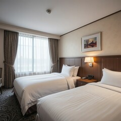 Fototapeta premium Interior of a hotel bedroom with a double bed and lamp