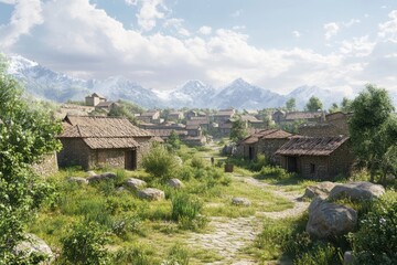 Beautiful mountain village with traditional houses and lush greenery in bright daylight