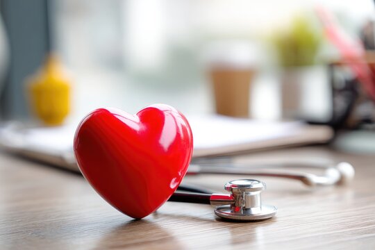 Red heart love shape hand exercise ball with doctor physician's stethoscope on an office desk in a medical: Hospital life insurance concept: World Heart Health Day. World Hypertension Day. MZ