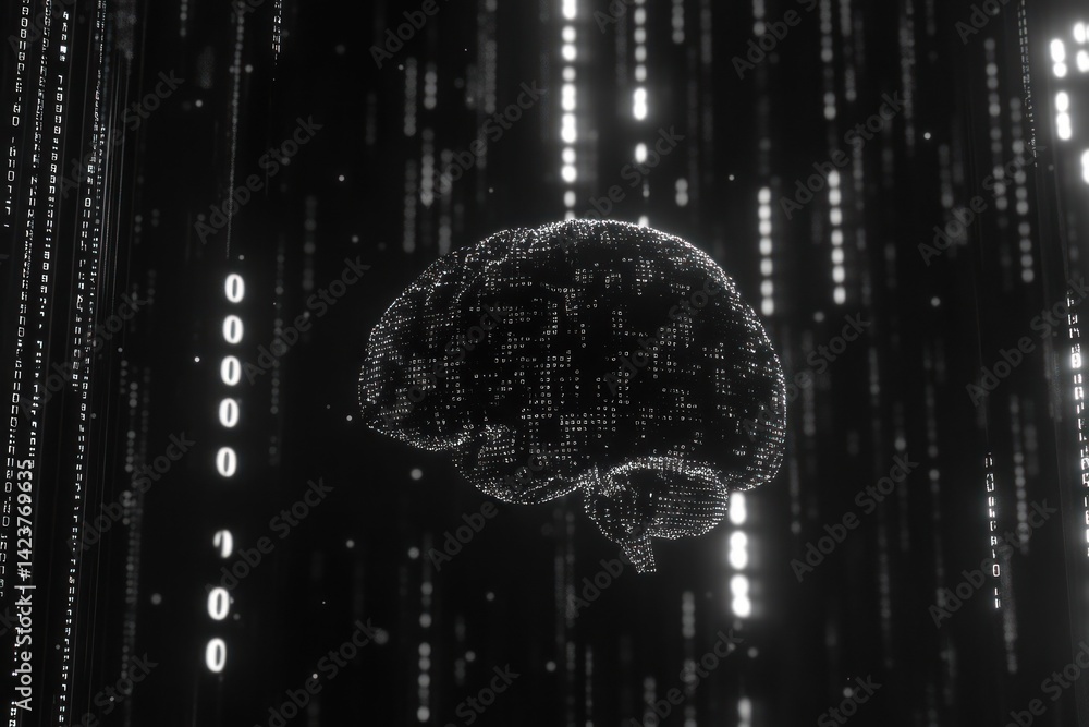 Poster digital brain in binary code rain