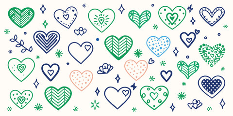 Collection of Hand Drawn Hearts Green Blue and Pink Pattern