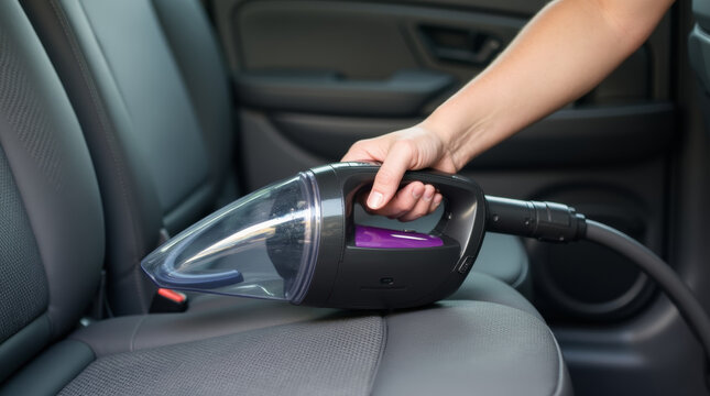 Person's hand vacuuming car seats with portable vacuum cleaner