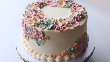 Birthday cake in a white setting featuring intricate floral designs and soft pastel hues perfect for a celebration