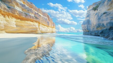 Beach coastline with sea, cliffs, and sky background on sunny day for travel or vacation