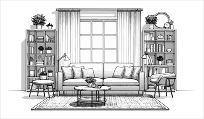 Cozy living room with bookshelves