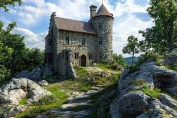 Naklejka premium Majestic stone castle perched on rocky terrain under a bright blue sky