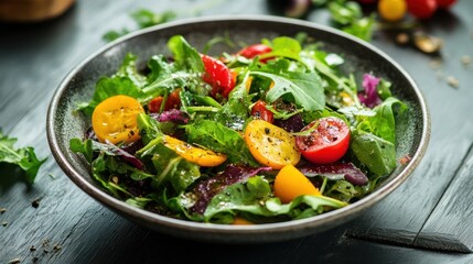 A delightful mixed salad with vibrant tomatoes and fresh greens in a rustic bowl