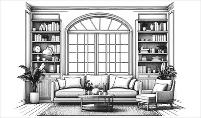 Stylish living room with classic decoration in skecth art