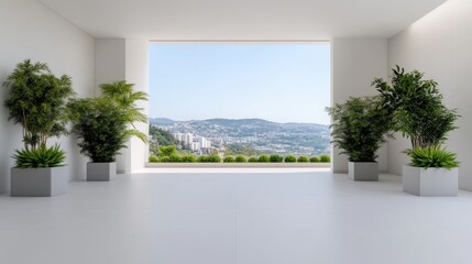 Modern, minimalist interior with panoramic city view. Lush greenery and bright, spacious ambiance