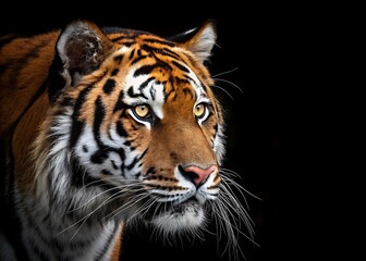 Fototapeta premium Portrait of a wild bengal tiger, a striped feline predator with orange and black fur, reveals its dangerous beauty