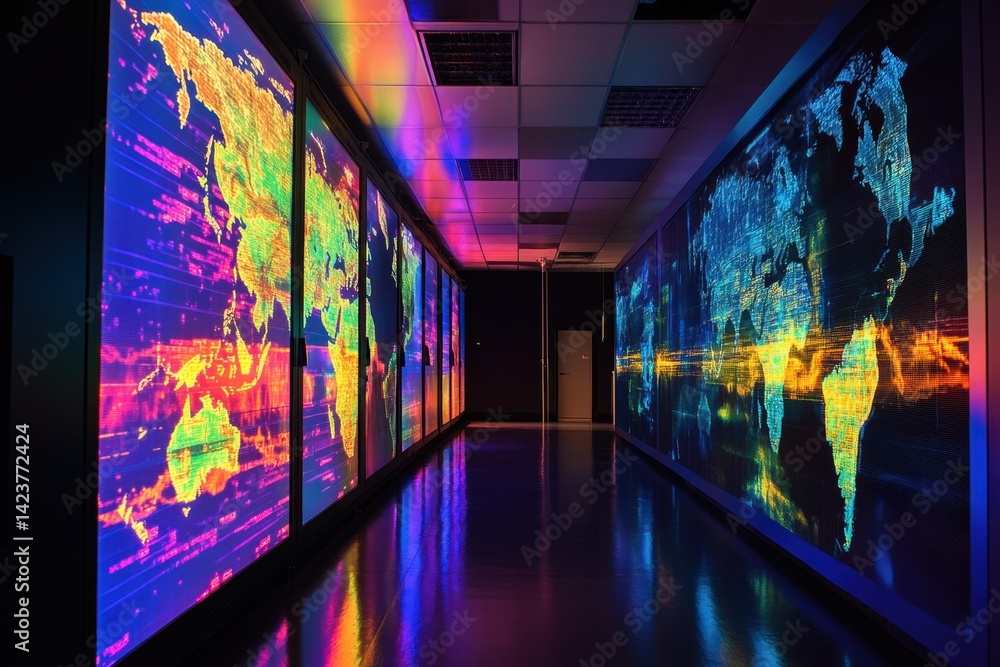 Poster visualization of global data trends on vibrant displays in a modern technology center