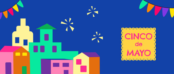 Fototapeta premium Colorful cinco de mayo celebration with festive banners and fireworks at night.