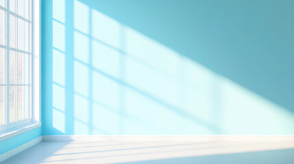 serene light blue room with soft shadows cast by large windows creates tranquil atmosphere. bright space invites creativity and relaxation, perfect for various uses