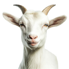 Fototapeta premium Close up portrait of a white goat with horns against a black background