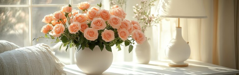Elegant Pink Roses in a Simple White Vase with Soft Lighting