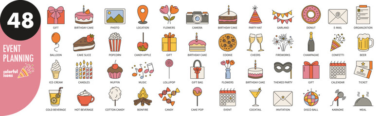 Event planning, party, celebration - colorful thin line icons set. Gift, cake, music, karaoke, candy, ticket, location, confetti, beverage, meal, flowers, fireworks, vector illustration