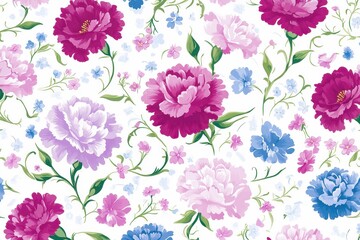 Romantic floral arrangement with vibrant peonies and delicate foliage in a seamless pattern
