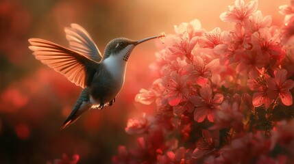Fototapeta premium Hummingbird flying flowers soft focus