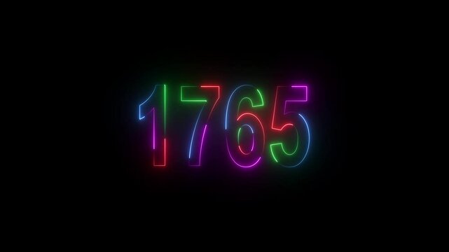 neon sign 1765 ,Four neon color Glowing neon number text background 4k video animation . 1765 title metal text on black alpha channel background