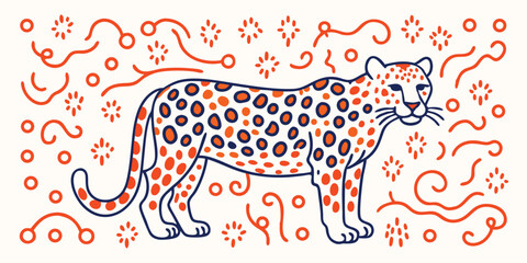 Stylized Leopard Illustration with Abstract Orange and Blue Design Elements © Md Faysal Ahmed