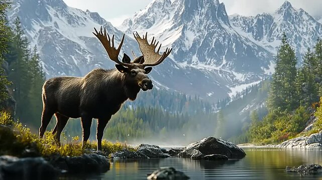 Majestic moose standing by a serene lake surrounded by towering snow-capped mountains