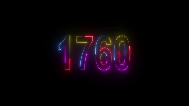 neon sign 1760 ,Four neon color Glowing neon number text background 4k video animation . 1760 title metal text on black alpha channel background