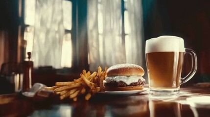 A juicy burger with crispy fries and a frothy beer on the side