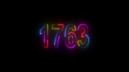 neon sign 1763 ,Four neon color Glowing neon number text background 4k video animation . 1763 title metal text on black alpha channel background