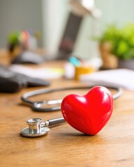 Red heart love shape hand exercise ball with doctor physician's stethoscope on an office desk in a medical: Hospital life insurance concept: World Heart Health Day. World Hypertension Day. MZ