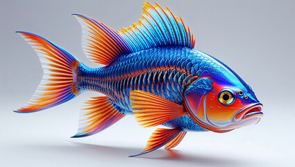 Vibrant Tropical Fish With Blue Scales And Orange Fins On White Background