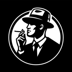 Silhouette of a man in a hat smoking a cigarette on a dark background.
