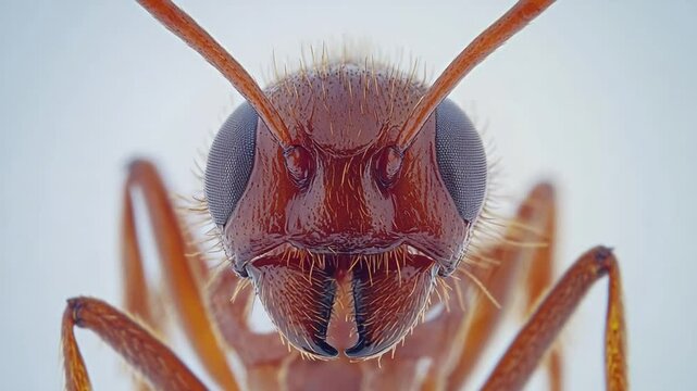 Extreme close-up of an ant's face, showcasing its complex features and textures