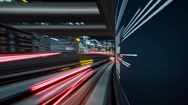 Fast Motion Train Journey Through Urban Landscape with Blurred Lights and Digital Text Elements at Night