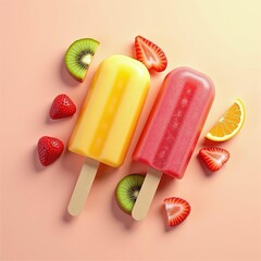 colorful natural fruit popsicles arranged on a pastel background with slices of strawberry kiwi and orange around soft daylight realistic shadows juicy textures top-down view vibrant summer mood no te