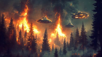 Naklejka premium Apocalyptic Forest: A fiery panorama of a forest ablaze under the ominous presence of extraterrestrial crafts, creating a scene of impending doom and the unknown.