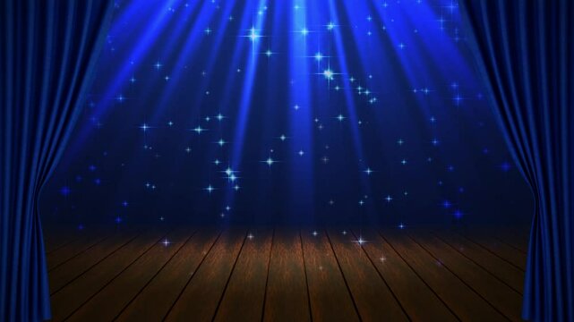 開幕する青色のカーテンとライトで照らされてキラキラ輝いている舞台の背景動画
