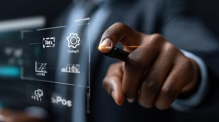 Businessman touching a digital screen with virtual icons of gears and symbols for artificial intelligence technology, an AI concept. The businessman is using a futuristic interface to control
