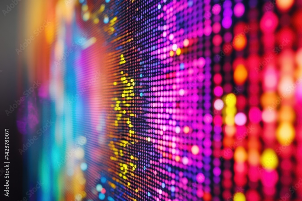 Poster bright and colorful digital design with vibrant dots illuminating a dark background