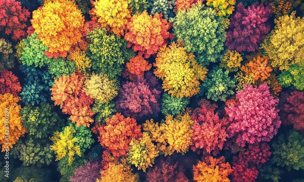 Poster Aerial view of vibrant maple trees with colorful autumn leaves made with Generative AI technology