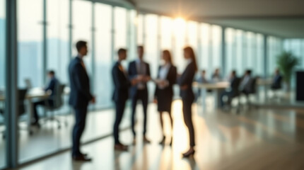 An abstract office shot with blurred silhouettes of business professionals against the evening light