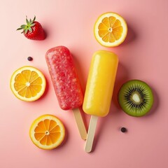 colorful natural fruit popsicles arranged on a pastel background with slices of strawberry kiwi and orange around soft daylight realistic shadows juicy textures top-down view vibrant summer mood no te