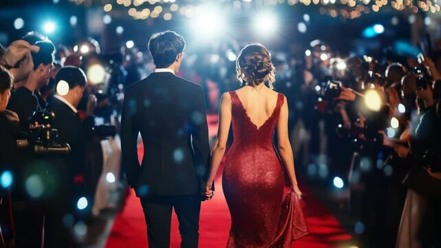 Elegant couple on red carpet surrounded by flashing cameras and photographers