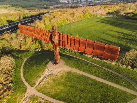 Gateshead UK: 13th April 2025: Close up of the Angel of the North sculpture by artist Antony Gormley elevated drone point of view