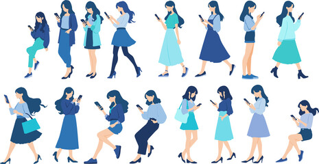 スマホを触る女性たちのイラストセット